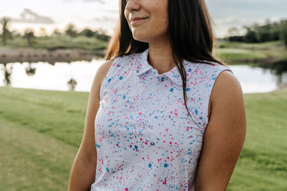 Womens White Paint Splatter Polo