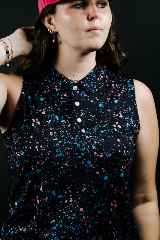 Womens Black Paint Splatter Polo